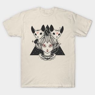 Geisha With Two Sphynx Cats And Snake T-Shirt